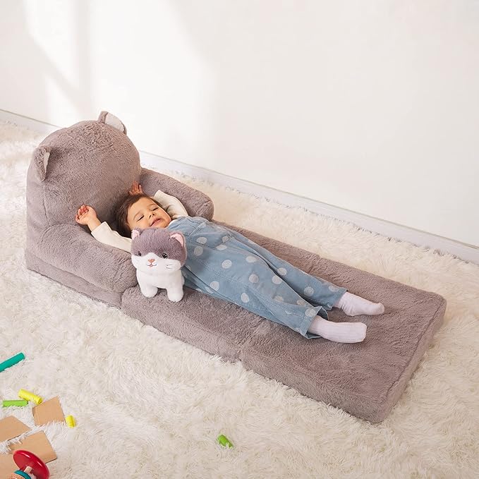 Kids Couch Fold Out Soft Toddler Chairs,Toddler Armrest Chair Bed for Play,Gift for 0-3 Years,Grey Kitty - LeafyLoom