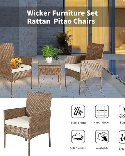 3 Pieces Patio Set Balcony Furniture Sets for Apartments.Bistro Furniture Set, Conversation Sets with Coffee Table, for Porch, Patio, Garden and Removable Cushions Beige - LeafyLoom