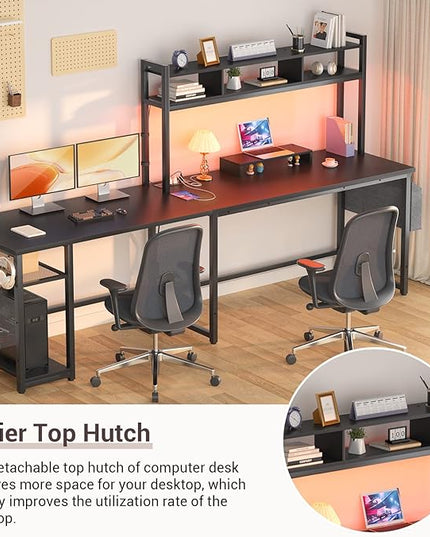 Aheaplus L Shaped Desk with Power Outlet & LED Strip, Reversible L-Shaped Corner Computer Desks Gaming Desk with Storage Shelf & Monitor Stand, Modern 2 Person Home Office Desk, Writing Desk, Black - LeafyLoom