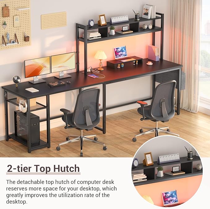 Aheaplus L Shaped Desk with Power Outlet & LED Strip, Reversible L-Shaped Corner Computer Desks Gaming Desk with Storage Shelf & Monitor Stand, Modern 2 Person Home Office Desk, Writing Desk, Black - LeafyLoom
