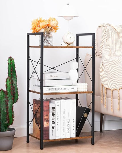 HCHQHS Small Bookshelf, Adjustable 3-Tier Industrial Bookcase, Rustic Open Book Shelf, Wood and Metal Horizontal Bookshelves - LeafyLoom