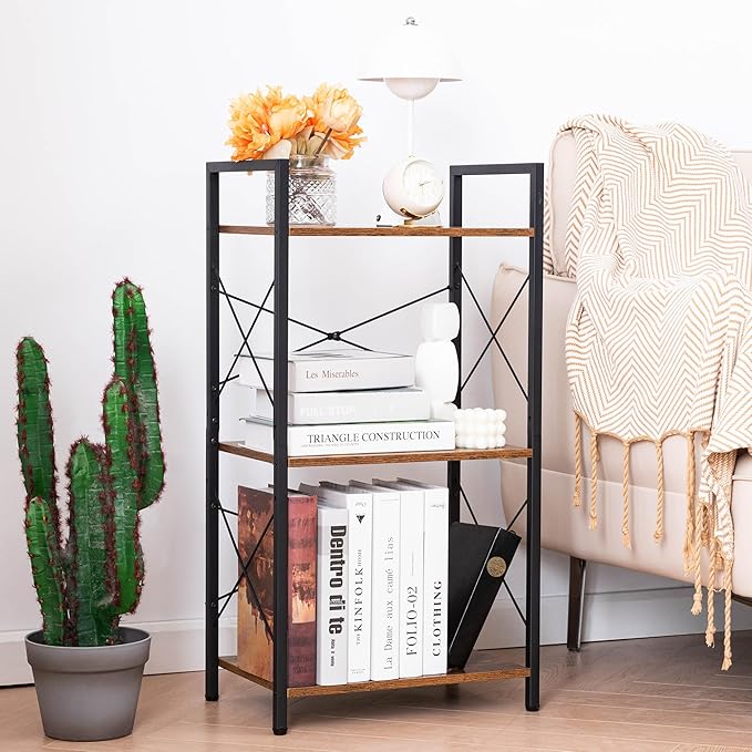 HCHQHS Small Bookshelf, Adjustable 3-Tier Industrial Bookcase, Rustic Open Book Shelf, Wood and Metal Horizontal Bookshelves - LeafyLoom