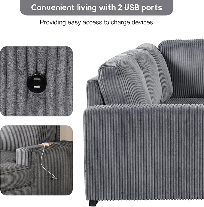 116.5" U-Shaped Corduroy Modular Sectional Storage Chaise and Pulled Out Bed, 6-Seater Oversized Corner Sofa w/USB Interfaces for Living Room, Office, Spacious Space, Gray, 116.5 Inch - LeafyLoom