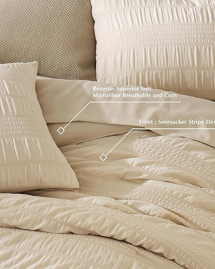 CASAAGUSTO Queen Comforter Set, 7 Pieces Beige Seersucker Bed in a Bag Queen Size Soft All Seasons, Bedding Sets with Comforter, Flat Sheet, Fitted Sheet, 2 Pillow Shams, 2 Pillowcases - LeafyLoom