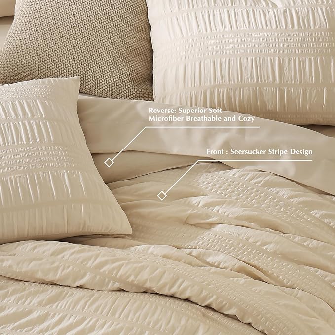CASAAGUSTO Queen Comforter Set, 7 Pieces Beige Seersucker Bed in a Bag Queen Size Soft All Seasons, Bedding Sets with Comforter, Flat Sheet, Fitted Sheet, 2 Pillow Shams, 2 Pillowcases - LeafyLoom