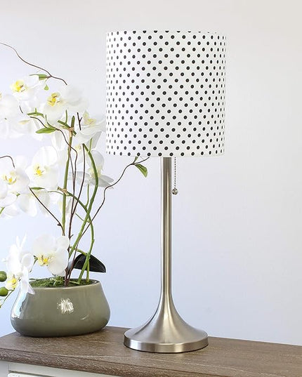 Simple Designs LT1076-BND Tapered Fabric Drum Shade Table Lamp, Brushed Nickel and Polka Dot - LeafyLoom