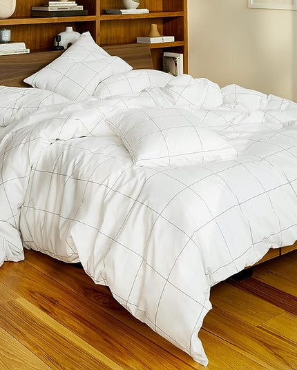 Brooklinen Luxury Sateen 4 Piece Sheet Set - 100% Cotton, Queen Size in Window Pane - 1 Fitted Sheet, 1 Flat Sheet, 2 Pillowcases | Best Luxury Sheets - LeafyLoom