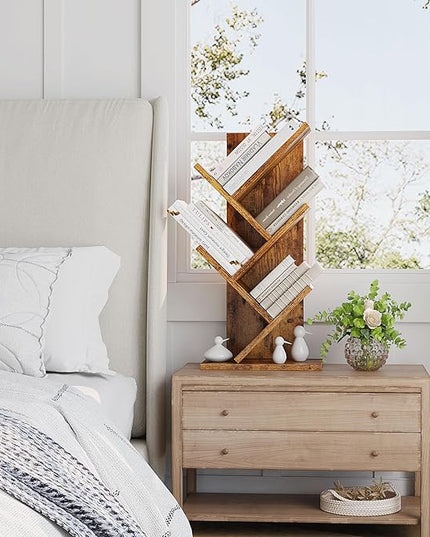 YMYNY 4 Tier Tree Bookshelf, Small Bookcase, Modern Wood Book Storage Rack, Freestanding Book shelf for Books/Movies/CDs, Narrow Display Rack for Living Room, Home Office, Rustic Brown UHBC014H - LeafyLoom