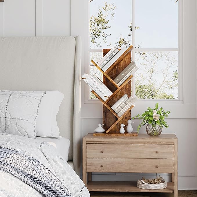 YMYNY 4 Tier Tree Bookshelf, Small Bookcase, Modern Wood Book Storage Rack, Freestanding Book shelf for Books/Movies/CDs, Narrow Display Rack for Living Room, Home Office, Rustic Brown UHBC014H - LeafyLoom