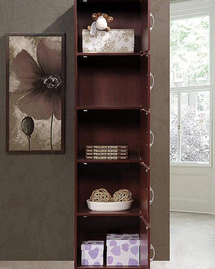 HODEDAH 5 Door Bookcase Cabinet, Mahogany - LeafyLoom