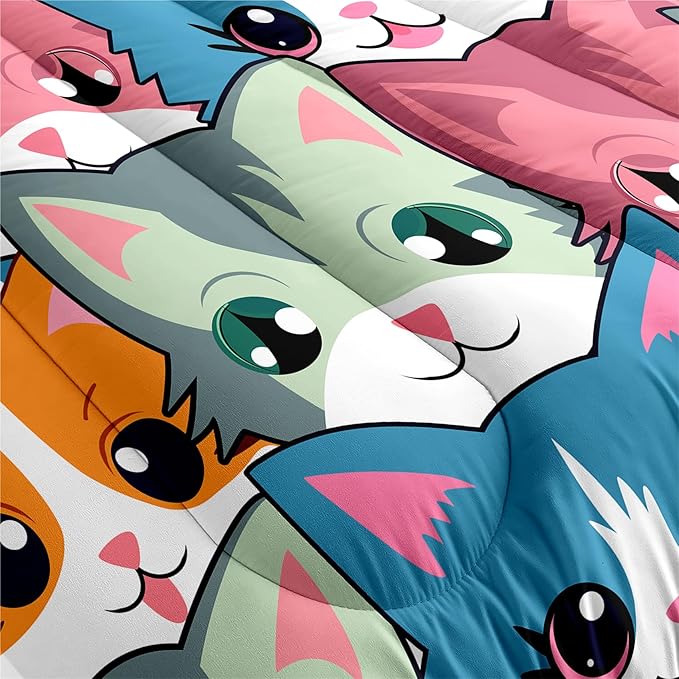 Neon Cats Bedding Set for Girls - Full Size Cartoon Cats Comforter Set for Girls Room Black Cats Pattern Girls Full Size Bedding Set Soft Breathable Cats Comforter with 2 Pillowcases for All-Season - LeafyLoom