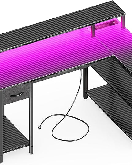 SUPERJARE 47 inch Reversible L Shaped Desk with LED Lights & Power Outlets, Computer Desk with Shelves & Monitor Stand, Gaming Desk with Drawer, Home Office Desk Corner Desk, Carbon Fiber Black - LeafyLoom