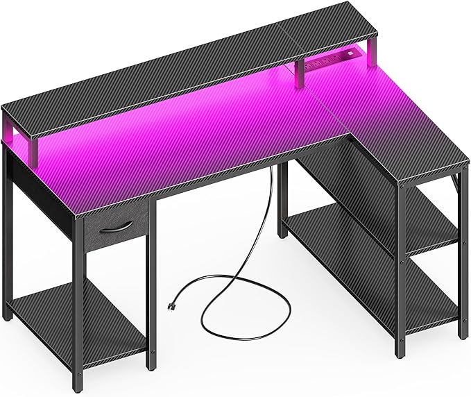 SUPERJARE 47 inch Reversible L Shaped Desk with LED Lights & Power Outlets, Computer Desk with Shelves & Monitor Stand, Gaming Desk with Drawer, Home Office Desk Corner Desk, Carbon Fiber Black - LeafyLoom
