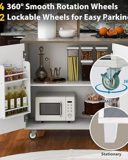 Kitchen Island with Storage, Rolling Table on Wheels w/Drop Leaf, Internal Storage Rack and Towel Rack for Dinning Room - LeafyLoom