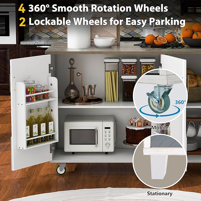 Kitchen Island with Storage, Rolling Table on Wheels w/Drop Leaf, Internal Storage Rack and Towel Rack for Dinning Room - LeafyLoom