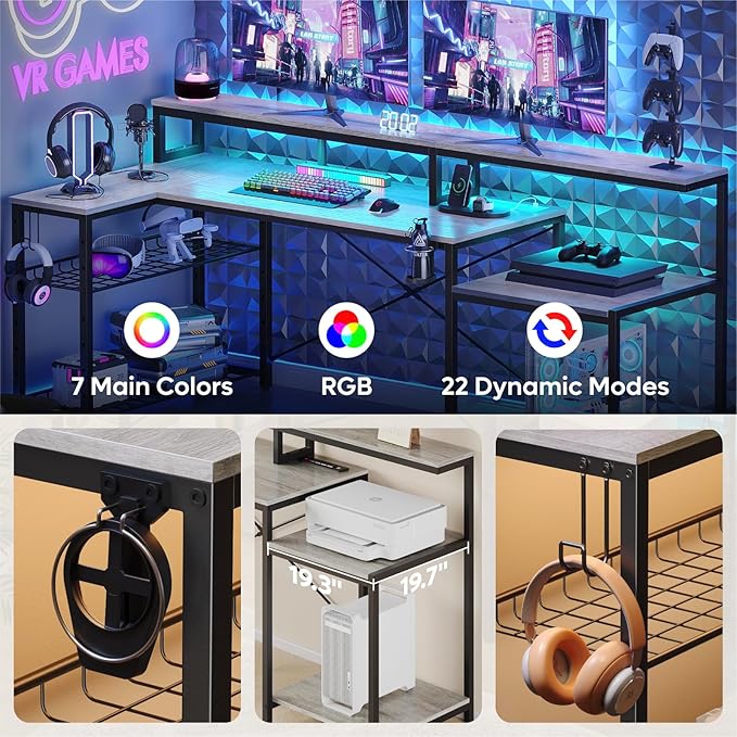 Bestier 71.5 inch Computer Desk with Power Outlets, LED Home Office Desk with Long Monitor Stand, Large Corner Desk with Storage Shelf, Cup Holder & Headset Hooks L Shaped Desk - LeafyLoom