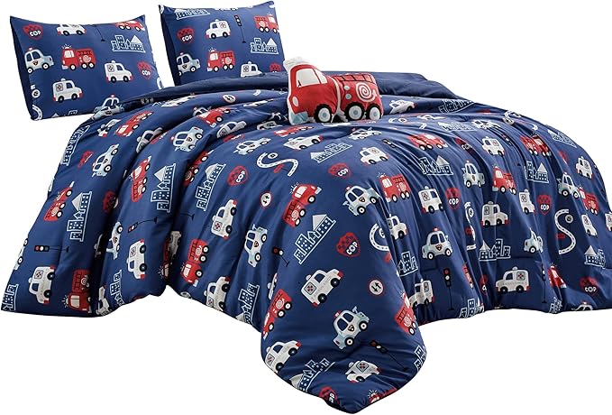 for Kids Fire Turck 4-Piece Comforter Set - Beautiful Motif Design Bedding Set with Embrodery Print - LeafyLoom