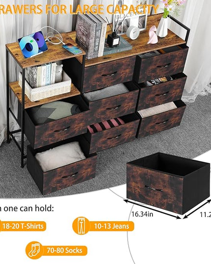 MOOACE TV Stand with Charging Station, 52'' Long TV Stand with 8 Storage Drawers and Open Shelves, Chests, Dresser for Bedroom, Living Room, Brown - LeafyLoom