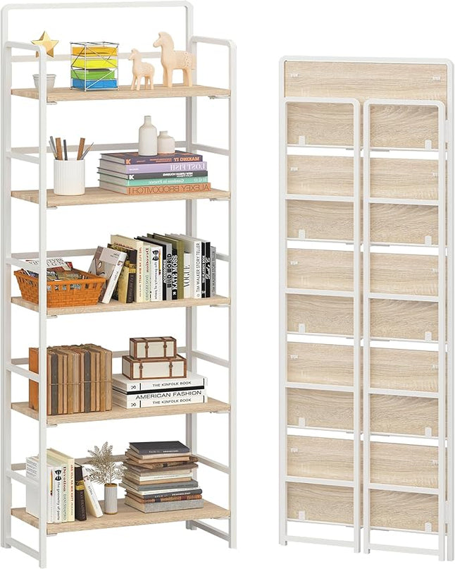 4NM No-Assembly 5 Tiers Folding Bookshelf Storage Shelves Vintage Bookcase Standing Racks Study Organizer Home Office (Natural and White) - LeafyLoom