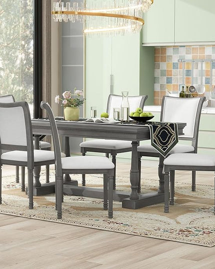 59.4 Inch Dining Table Set for 6, 7-Piece Dining Table with 4 Trestle Base and 6 Upholstered Chairs with Slightly Curve and Ergonomic Seat Back, Grey - LeafyLoom
