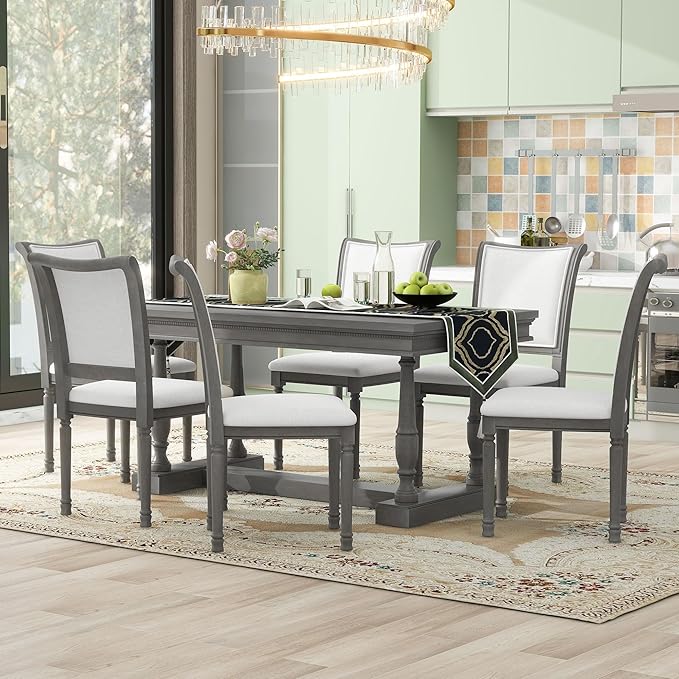 59.4 Inch Dining Table Set for 6, 7-Piece Dining Table with 4 Trestle Base and 6 Upholstered Chairs with Slightly Curve and Ergonomic Seat Back, Grey - LeafyLoom