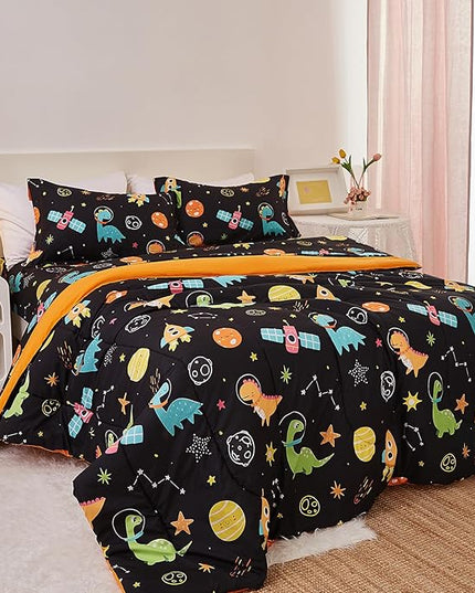 Space Dinosaur Kids Comforter Set for Boys Full Size, Cute Reversible Quilted Black Printed Bedding Set with Pillow Sham, Lightweight Soft Breathable Washable Bed Set 3 Piece - LeafyLoom