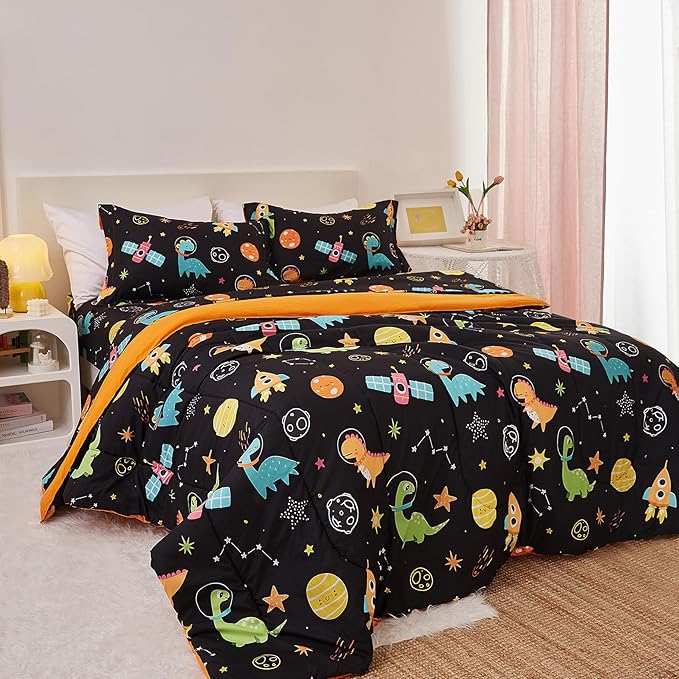 Space Dinosaur Kids Comforter Set for Boys Full Size, Cute Reversible Quilted Black Printed Bedding Set with Pillow Sham, Lightweight Soft Breathable Washable Bed Set 3 Piece - LeafyLoom