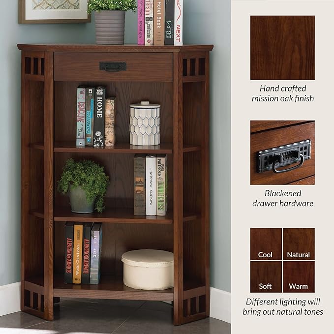 Leick Home Mantel Height Corner Bookcase with Drawer Storage, Made with Solid Wood, for Entryway, Living Rooms, Home Office, Bedroom, Mission Oak Finish, 12"D x 32"W x 50"H, Brownbronze - LeafyLoom