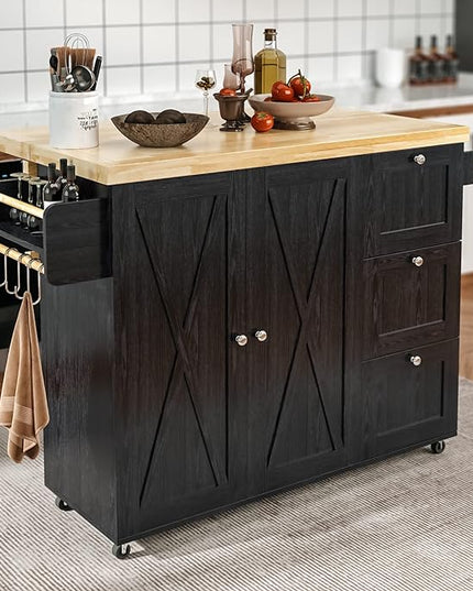 IRONCK Rolling Kitchen Island Cart with Drop-Leaf Countertop, Barn 3Drawers, Barn Door Style Cabine,Thicker Rubberwood Top, Spice Rack, on Wheels, for Kitchen and Dining Room, Black - LeafyLoom