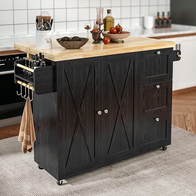 IRONCK Rolling Kitchen Island Cart with Drop-Leaf Countertop, Barn 3Drawers, Barn Door Style Cabine,Thicker Rubberwood Top, Spice Rack, on Wheels, for Kitchen and Dining Room, Black - LeafyLoom