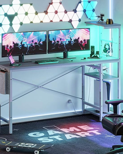 Bestier Gaming Desk with Power Outlets, 61 Inch Large Led Gamer Desk with 4 Tiers Reversible Shelves, PC Gaming Table with Headset Hook & Side Storage Bag for Bedroom (Grey 3D Carbon Fiber) - LeafyLoom