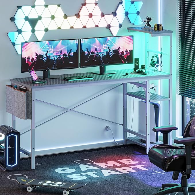 Bestier Gaming Desk with Power Outlets, 61 Inch Large Led Gamer Desk with 4 Tiers Reversible Shelves, PC Gaming Table with Headset Hook & Side Storage Bag for Bedroom (Grey 3D Carbon Fiber) - LeafyLoom