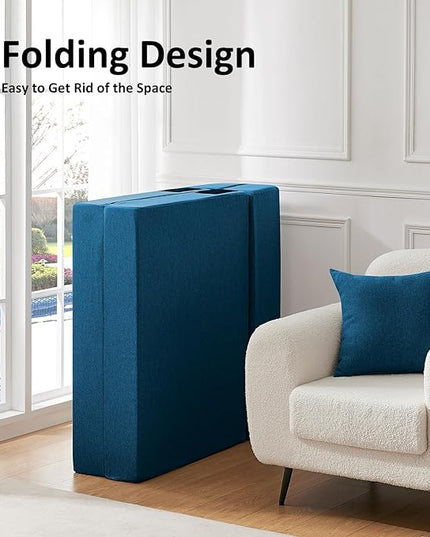 Queen Size Folding Sofa Bed - 4 in 1 Futon Chair with Two Pillows - High Density Memory Foam Foldable Couch with Washable Modern Linen Cover for Home Office (Blue) - LeafyLoom