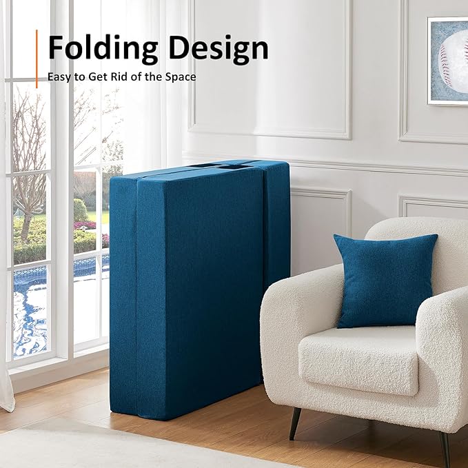 Queen Size Folding Sofa Bed - 4 in 1 Futon Chair with Two Pillows - High Density Memory Foam Foldable Couch with Washable Modern Linen Cover for Home Office (Blue) - LeafyLoom