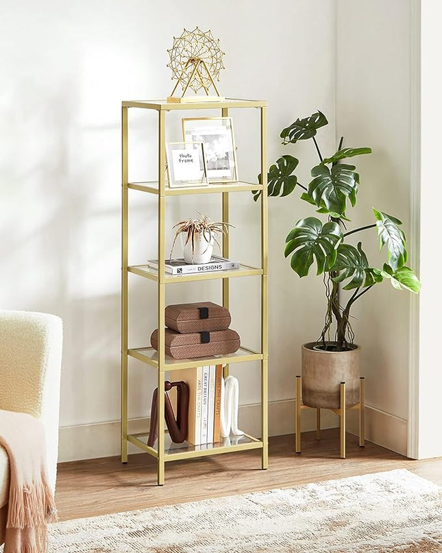 VASAGLE Bookcase, 5-Tier Bookshelf, Slim Shelving Unit for Bedroom, Bathroom, Home Office, Tempered Glass, Steel Frame, Metallic Gold ULGT029A01 - LeafyLoom
