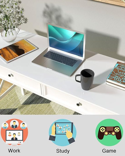 White Computer Desk with 2 Drawers, Modern Makeup Vanity Desk with Storage, Writing Desk for Home Office, 42'' Long Study Simple White Desk for Bedroom Console Table Living Room - LeafyLoom