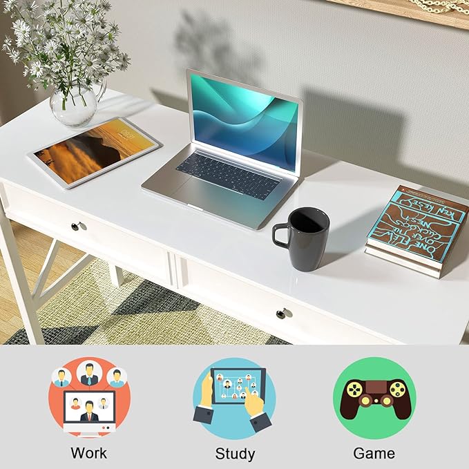 White Computer Desk with 2 Drawers, Modern Makeup Vanity Desk with Storage, Writing Desk for Home Office, 42'' Long Study Simple White Desk for Bedroom Console Table Living Room - LeafyLoom