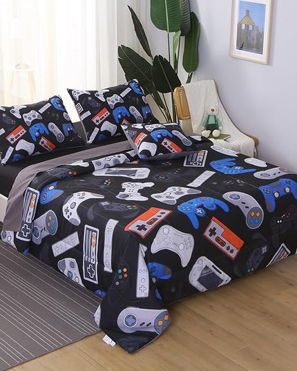 6Pcs Game Console Comforter Set with Sheets for Boys Girls Kids Teens, Gamepad Collection Themed Bed in A Bag Full Size, 3D Video Gamer Controller Bedroom Decor Bedding Set - LeafyLoom