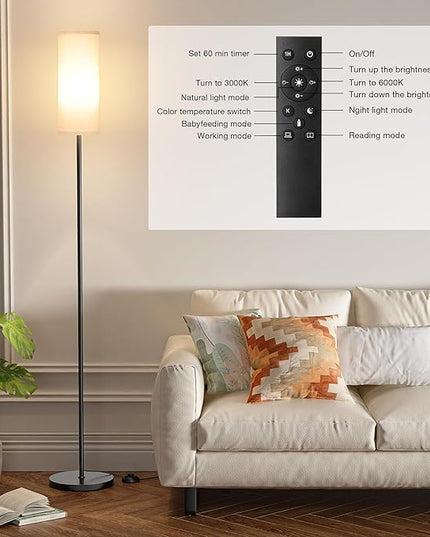 Ambimall 66'' Floor Lamps for Living Room with Remote Control and Stepless Dimmable Colors Temperature & Brightness, 9W Bulb Included(Beige Lampshade & Black Pole) - LeafyLoom