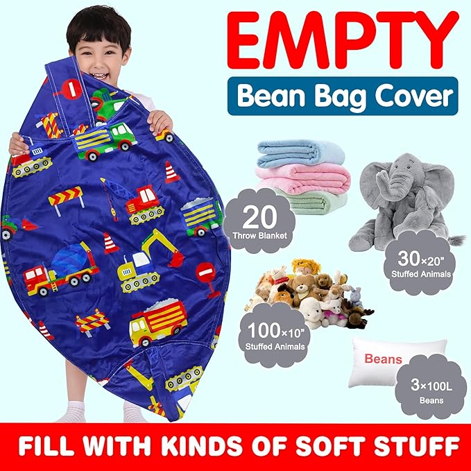 Lukeight Stuffed Animal Storage Bean Bag Chair Cover for Kids, Zipper Beanbag Chair Cover for Organizing Toddler & Kids' Rooms Plush Toys (Excavator Velvet, XX-Large) - LeafyLoom