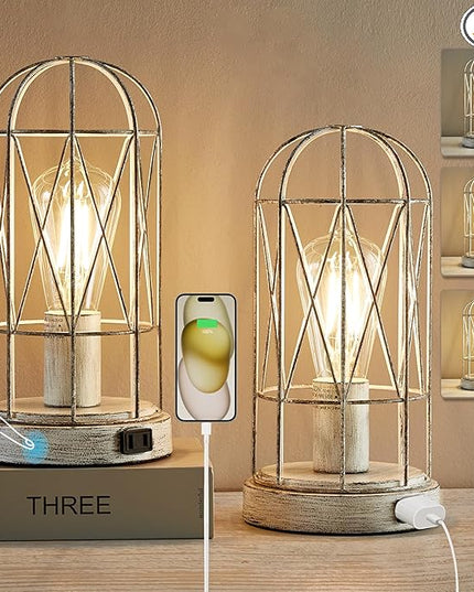Bedside Table Lamp,3 Way Dimmable Touch Control Industrial Table Lamps Vintage Table Lamp with AC Outlet Small Nightstand Lamp Set of 2 for Living Room Bedroom Farmhouse, Bulb Included - LeafyLoom