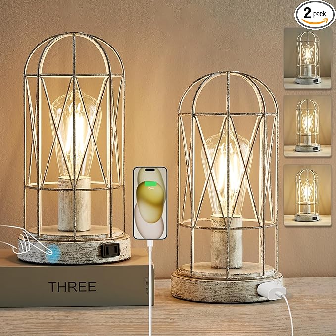 Bedside Table Lamp,3 Way Dimmable Touch Control Industrial Table Lamps Vintage Table Lamp with AC Outlet Small Nightstand Lamp Set of 2 for Living Room Bedroom Farmhouse, Bulb Included - LeafyLoom