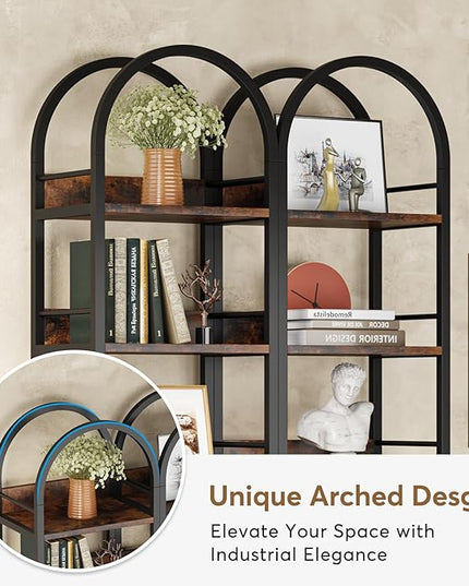 78.7 Inches Tall Arched Bookshelf, 6 Tiers Skinny Open Bookcase with Metal Frame, Freestanding Corner Display Shelves Rack for Living Room, Home Office, Brown - LeafyLoom