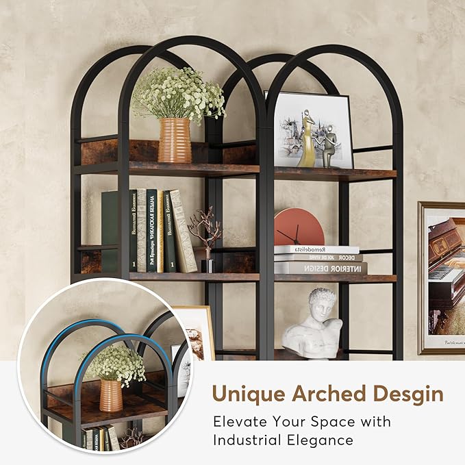 78.7 Inches Tall Arched Bookshelf, 6 Tiers Skinny Open Bookcase with Metal Frame, Freestanding Corner Display Shelves Rack for Living Room, Home Office, Brown - LeafyLoom