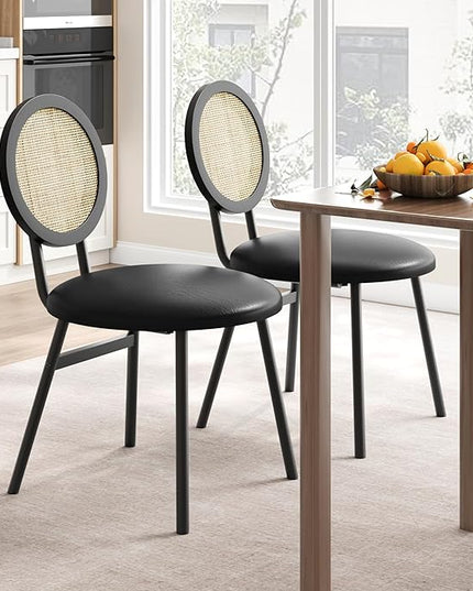IDEALHOUSE Dining Chairs Set of 2, Rattan Kitchen Chairs with Thicken Upholstered, Modern Dining Room Chairs Set of 2, Space Saving Dining Chairs with Metal Legs for Living Room (1, Black) - LeafyLoom