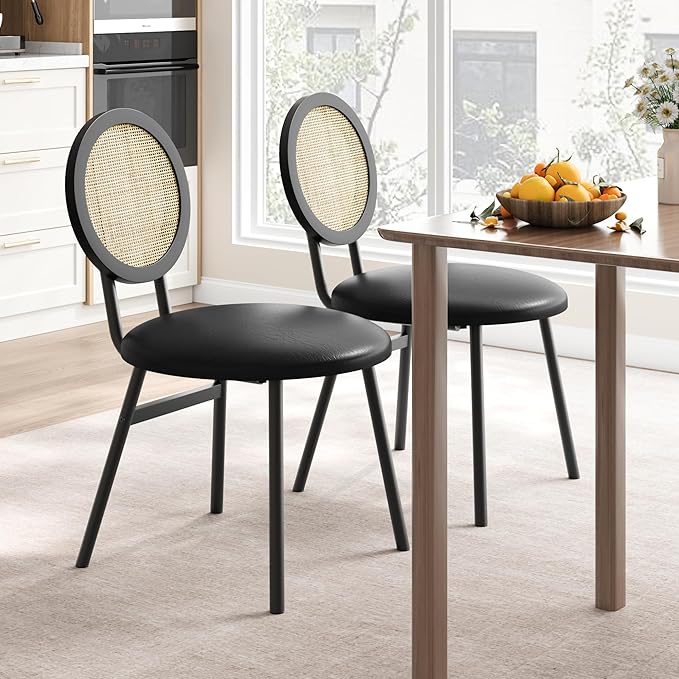 IDEALHOUSE Dining Chairs Set of 2, Rattan Kitchen Chairs with Thicken Upholstered, Modern Dining Room Chairs Set of 2, Space Saving Dining Chairs with Metal Legs for Living Room (1, Black) - LeafyLoom
