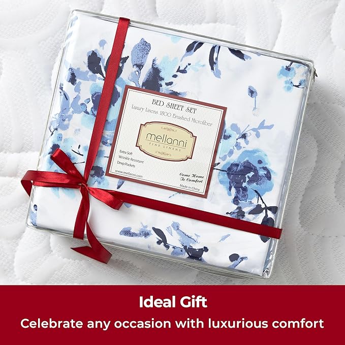 Mellanni Full Sheets Set - 4 PC Iconic Collection Bedding Sheets & Pillowcases - Hotel Luxury, Extra Soft, Cooling Bed Sheets - Deep Pocket up to 16 inch (Full, Madison Blue) - LeafyLoom