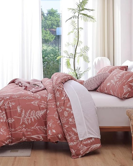 JANZAA Queen Comforter Comforters Queen Size GrayishPink Bedding Cute Floral Bed Set, Lightweight Soft Botanical Flower Comforter and 2 Pillow Cases All Season - LeafyLoom