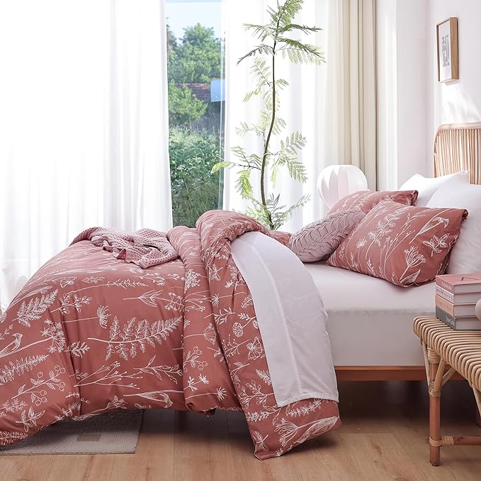 JANZAA Queen Comforter Comforters Queen Size GrayishPink Bedding Cute Floral Bed Set, Lightweight Soft Botanical Flower Comforter and 2 Pillow Cases All Season - LeafyLoom
