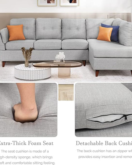 Modern Linen Fabric Sofa with Chaise Lounge, L-Shape Couch with one Lumbar Pad, Comfy Button Tufted Backrest, 4 Seat Corner Sectional Set for Living Room Furniture Office, 97.2", Grey-L - LeafyLoom